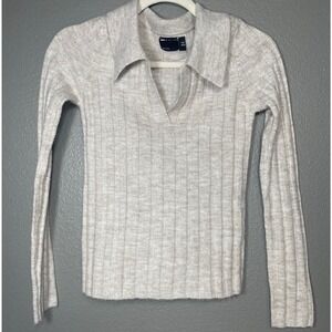 ASOS DESIGN Oatmeal Ribbed Knit Polo Sweater V-Neck Long Sleeve US 4